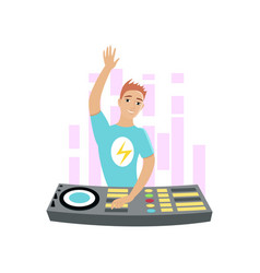 Young Dj With Hand Up Mixing Music On Turntables