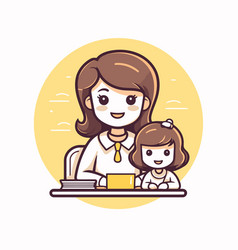 Mother And Daughter Using Laptop Cute Cartoon