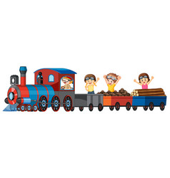 Children Riding Train With Lumber