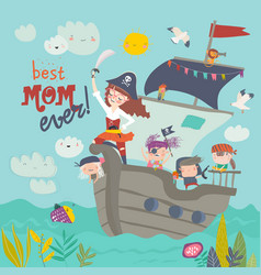 Cute Mother Pirate Sailing With Her Kids In Ship