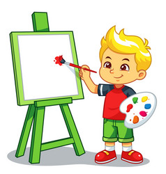 Boy learning to paint on his canvas bw Royalty Free Vector