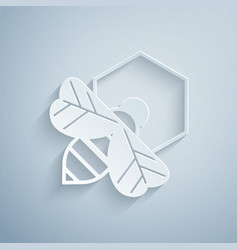 Paper Cut Bee And Honeycomb Icon Isolated On Grey