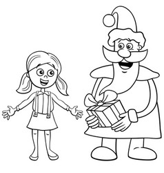 Cartoon Santa Claus Giving A Gift To Little Girl