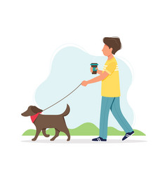 Man Walking A Dog With A Coffee Cup In Spring