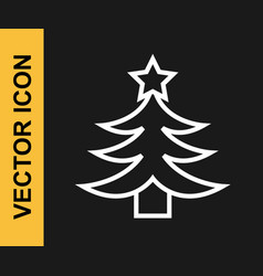 White Line Christmas Tree Icon Isolated On Black