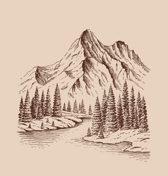 Mountain With Pine Trees And Lake Landscape Hand