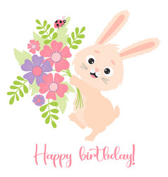 Cute Joyful Rabbit With Big Bouquet Of Flowers