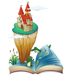 A book with a dolphin and an island with a castle Vector Image