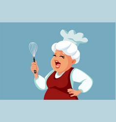 Senior Lady Chef Holding Egg Whisk Cartoon