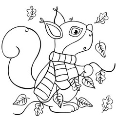 Autumn Squirrel With Fall Leaves In Black Line