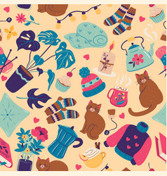 Seamless Pattern With Cats And Hygge Items