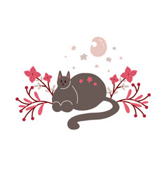 Cute Sleeping Cat With Stars Moon And Flower