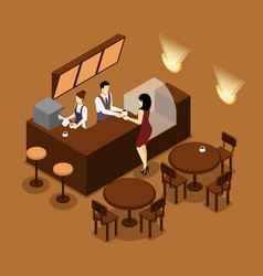 Barista Serving Customer Isometric Brown Poster