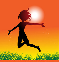 Happy Young Girl Jumping Over Green Grass