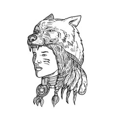 Native American Woman Wearing Wolf Head