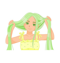 Cute Anime Girl Holding Her Long Green Hair