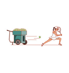 Woman Practicing Tennis With Ball Throwing Machine