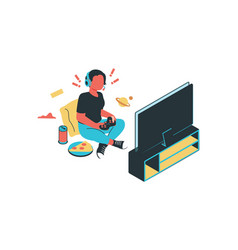 A Boy Playing Video Games At Home Isometric Flat