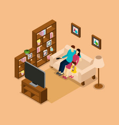 Family Home Watching Tv Isometric Banner