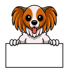 Cute Papillon Dog Cartoon Holding Blank Sign