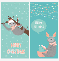 Set Of Christmas Card With Two Funny Sloths