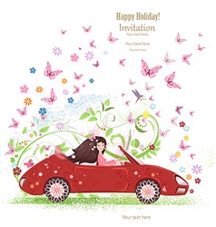 Beautiful Girl Is Driving Car The Art Floral Red