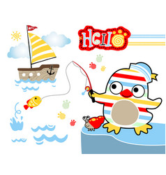 Cartoon Of Penguin And Hermit Crab Fishing