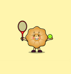 Cute Cartoon Cookies Character Play Tennis Field