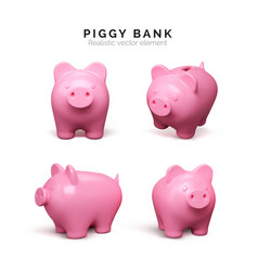 Realistic Piggy Bank Set Pink Pig Isolated