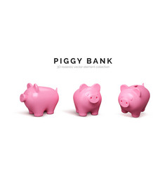 Realistic 3d Piggy Bank Set Pink Pig Isolated