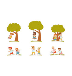 Funny Children Enjoying Summer Swinging On Tree