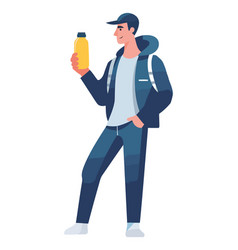 One Person Walking With Backpack Holding Drink