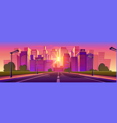 Road To City Street At Sunset Cartoon Background