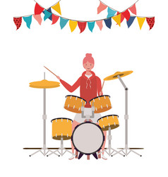 Young Woman With Drum Kit On White Background