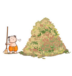 Thai Kid Sweep The Huge Pile Leaves