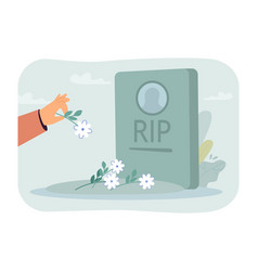 Hand Putting Flowers On Tombstone Flat