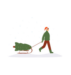 Man Carrying Christmas Tree On Sleigh Isolated