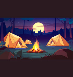 Tents Near Campfire In Night Forest Hiking Camping