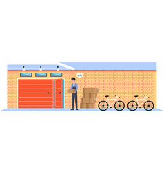 Man Stands Near Garage With Opening Door