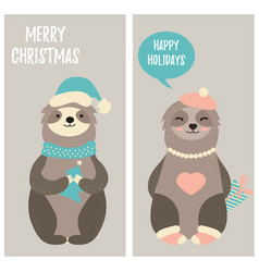 Set Of Christmas Card With Two Funny Sloths