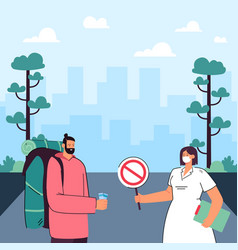 Nurse In Mask Showing Stop Sign To Tourist