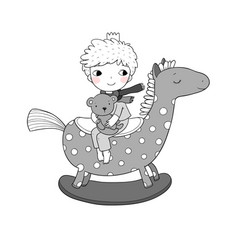 Little Cute Cartoon Boy Sitting On A Rocking Horse