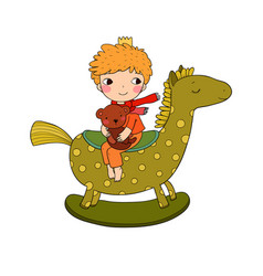 Little Cute Cartoon Boy Sitting On A Rocking Horse