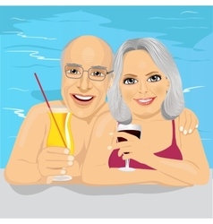 Lovely Senior Couple Drinking Red Wine In Pool