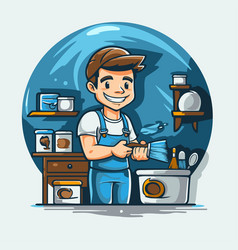 Cleaning Service Cartoon Man In Uniform Cleans