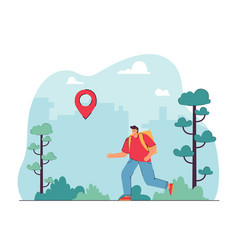 Man Traveler Walking In Forest With Online Gps