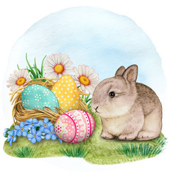 Watercolor Cute Baby Rabbit With Nest Full