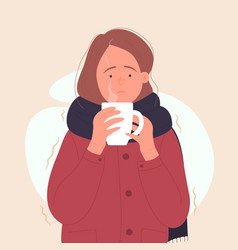 Sick Woman With Hot Drink Having Cold Shiver