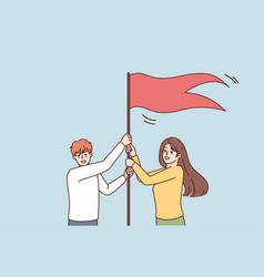 Smiling Employees Put Flag As Symbol Of Success