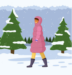 Woman In Warm Coat Walking Alone Outdoor Cold